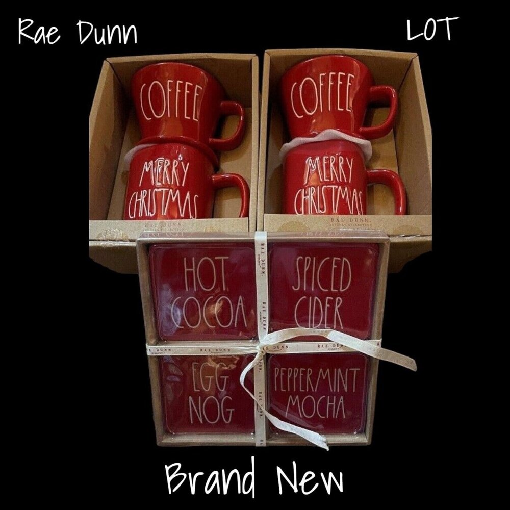 Rae Dunn Mug Set & Ceramic Coasters Set Red Merry Christmas New In Box